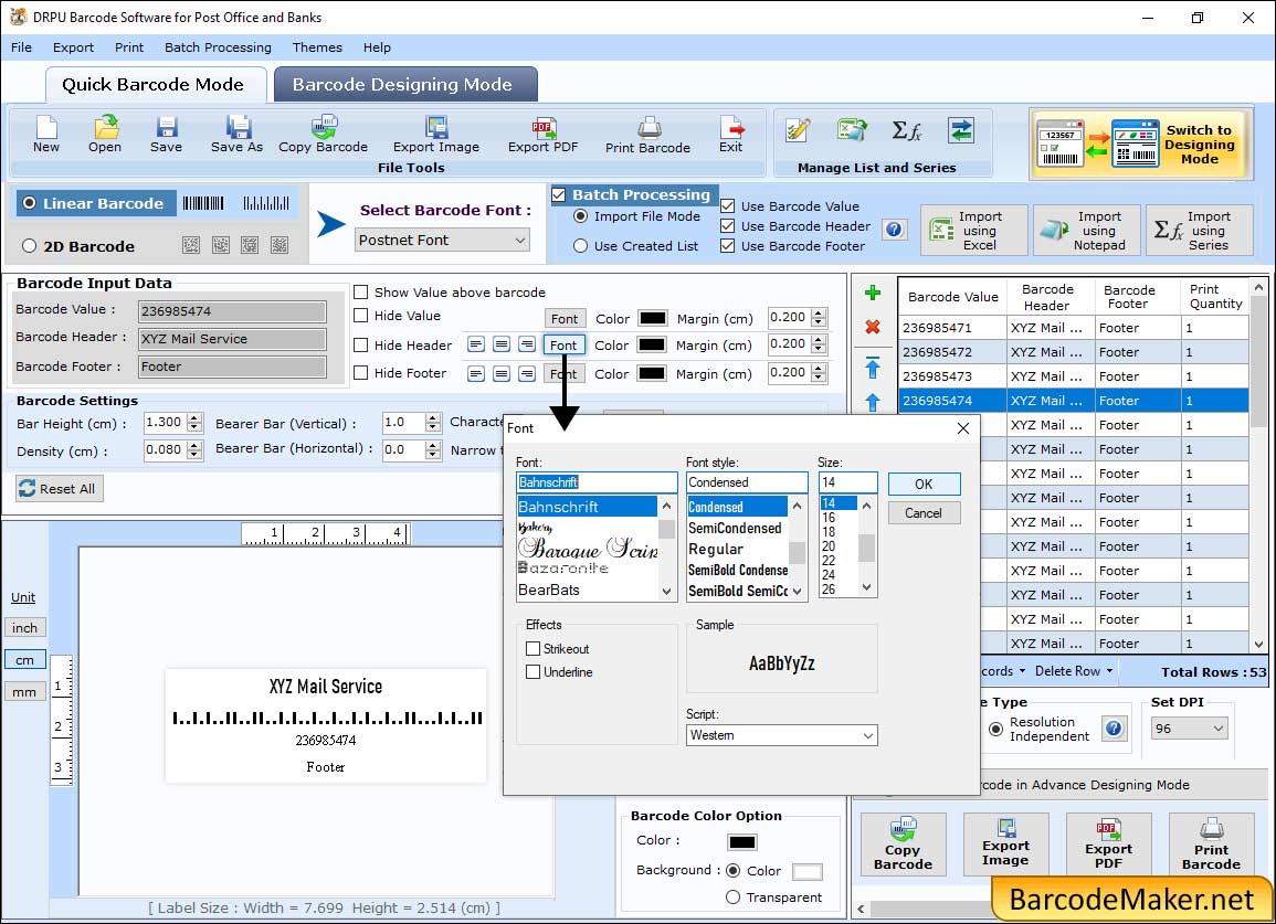 Font Settings Barcode Maker Software for Post Office