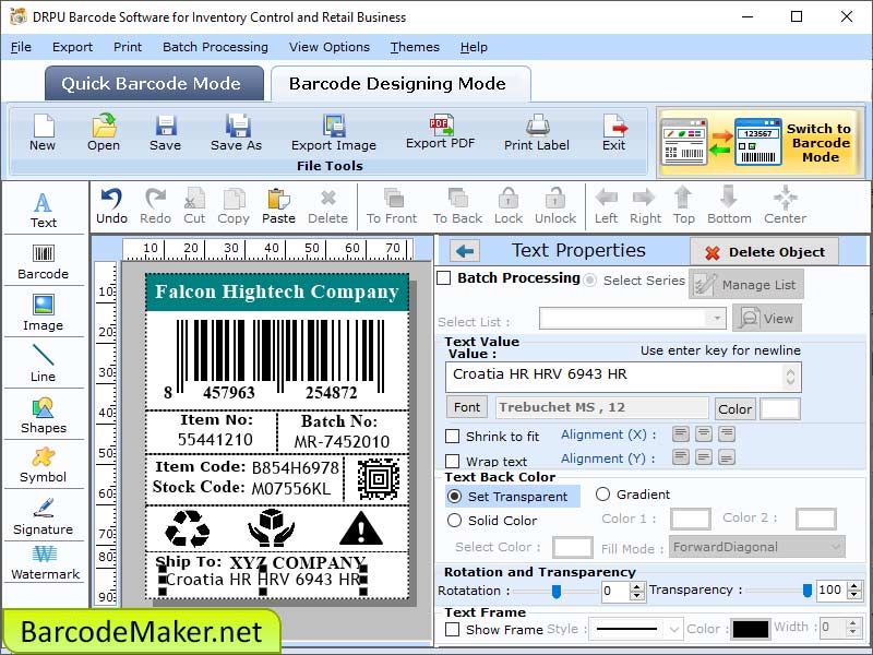 Screenshot of Retail Business Barcode Designing Tool
