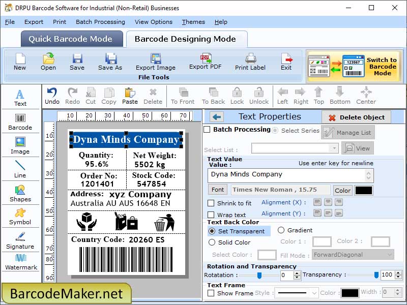 Screenshot of Industrial Barcode Printing Software 5.1