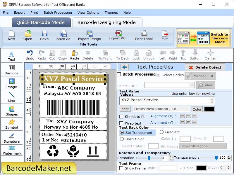 Screenshot of Barcode Maker Post Office 8.9