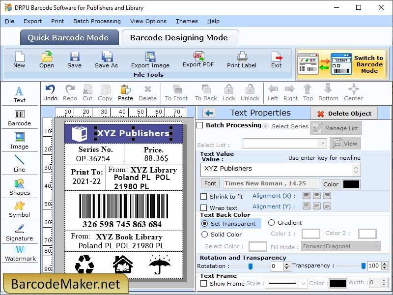 Screenshot of Library Barcode Maker Software