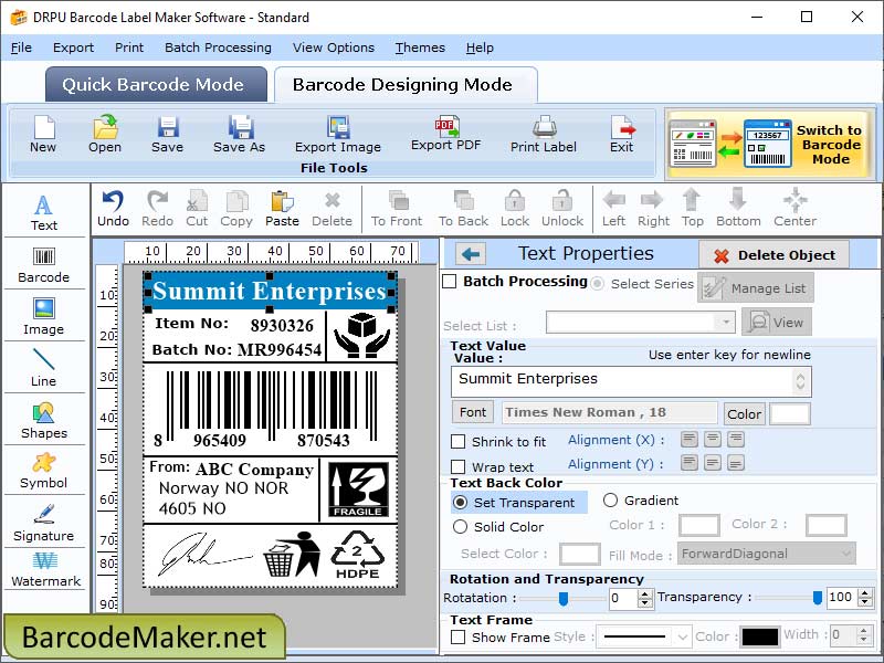 Screenshot of Standard Label Industry Software